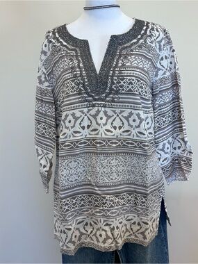 JM Collection 100% Linen Tunic Printed Tunic in Gray and White